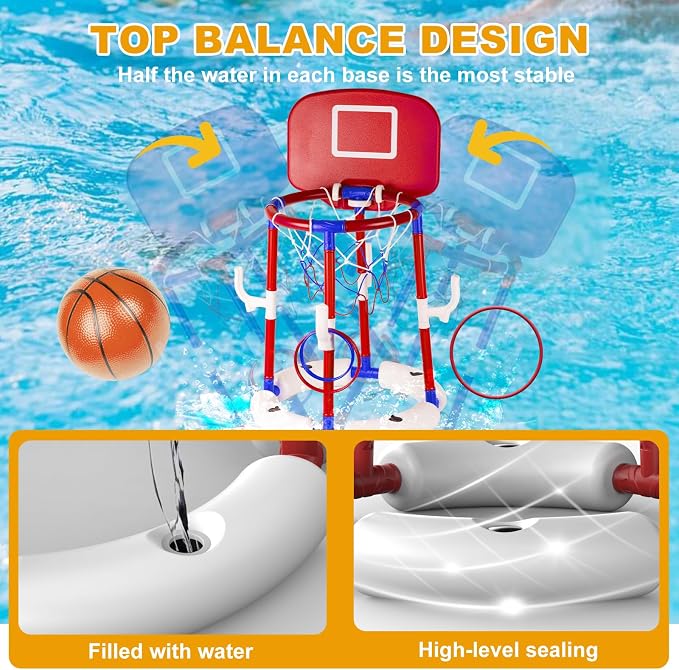 Taotuo Red Floating Pool Basketball Hoop with Backboard, 2-in-1 Poor Toy Basketball & Ring Toss Game with 4 Balls, 6 Rings&Pump, Summer Pool Toys Indoor&Outdoor Water Fun Family Party for Age 3-12