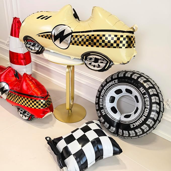 4PCS tire balloons black and white checkered balloon Foil Balloon Race car Tire balloons for birthday boy race Themed party Baby Shower Decorations