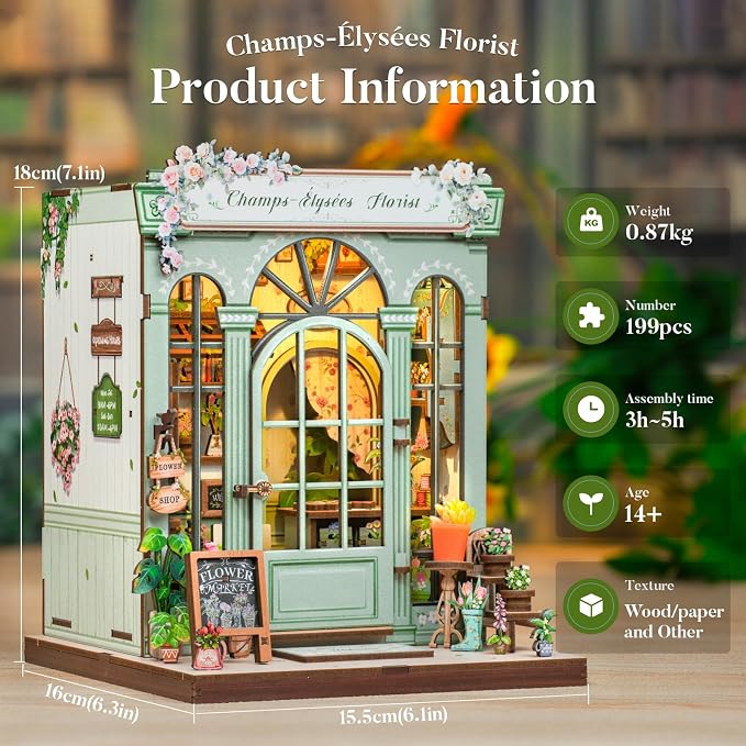 Fsolis Book Nook Kit, 3D Wooden Puzzles for Adults Booknook Garden DIY Miniature House Mini Building Kit Bookshelf Diorama Gifts for Women Puzzle Lovers (Champs-Élysées Florist)