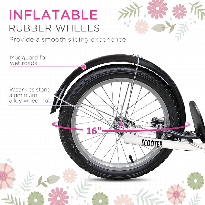 Aosom Youth Scooter, Kick Scooter with Adjustable Handlebars, Double Brakes, 16" Inflatable Rubber Tires, Basket, Cupholder