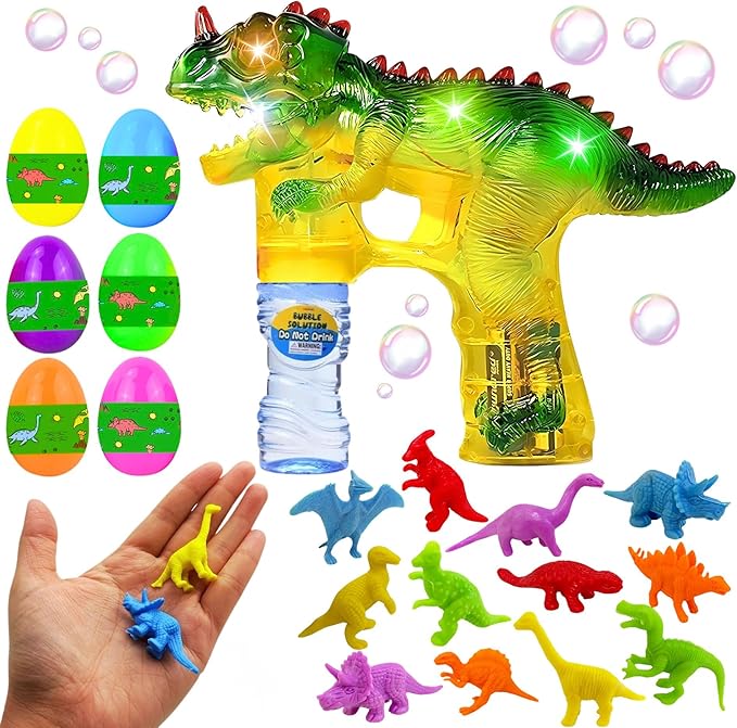 Haktoys Dinosaur Bubble Gun for Kids Automatic Bubble Machine Toy, Outdoor Bubble Maker Blower for Toddlers Boys Girls Backyard Play, 1 Pack with Figurines