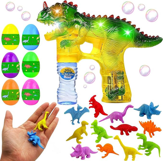 Haktoys Dinosaur Bubble Gun for Kids Automatic Bubble Machine Toy, Outdoor Bubble Maker Blower for Toddlers Boys Girls Backyard Play, 1 Pack with Figurines