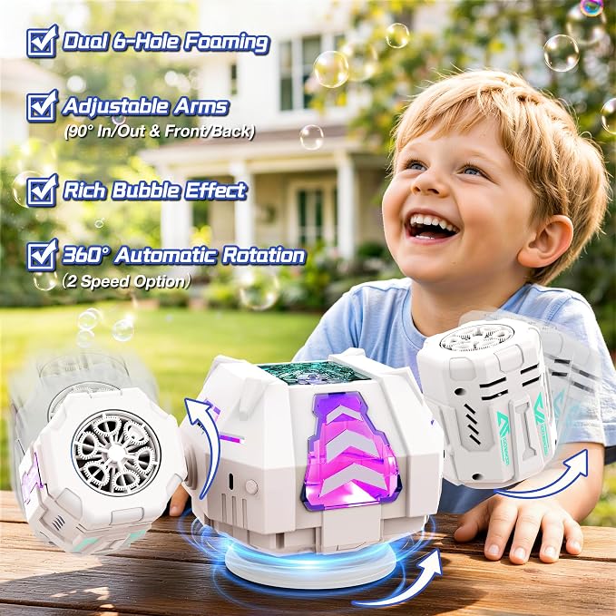 cossy Rechargeable Bubble Machine, 360° Automatic Rotation Bubble Machine for Kids, Bubble Maker with Remote Control, RGB Lights & 20000+ Bubbles Per Minute, Outdoor Toys Games for Kids/Adults (White)