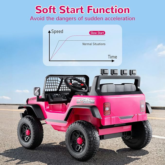 OLAKIDS 24V Ride on Car with Remote Control, Bluetooth, LED Lights, Horn, Spring Suspension, High/Low Speeds, Soft Start for Kids Aged 3+ (Pink)