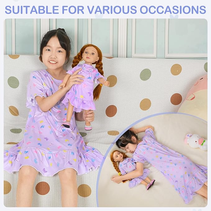 MHJY Matching Girls & Doll Nightgowns Vintage Short Sleeve Sleepwear Pajamas Dress for Girls and 18" Girl Doll