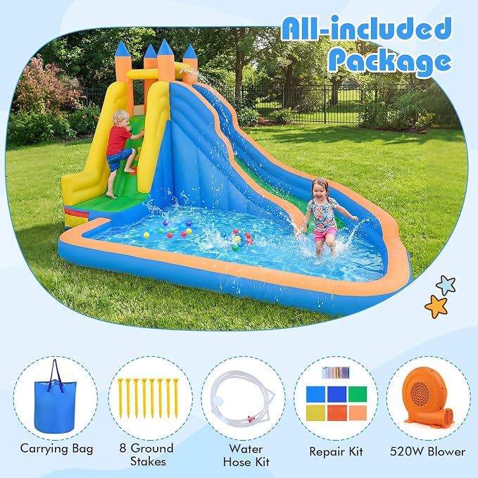 Costzon Inflatable Water Slide, Giant Bouncy Waterslide Park for Kids Backyard Outdoor Fun w/ 520w Blower, Climbing, Splash Pool, 2-pcs, Blow up Water Slides Inflatables for Kids Party Gift