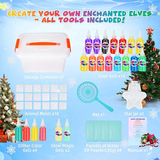 Magic Water Elf Toy Kit– 20 Magic Gels (2 Glow-in-The-Dark) & 18 Sea Creature Molds, DIY Aqua Fairy Water Gel Crafts Toy, Make Water Pets & Squishy Figures, Fun Birthday Gift for Kids Ages 3+