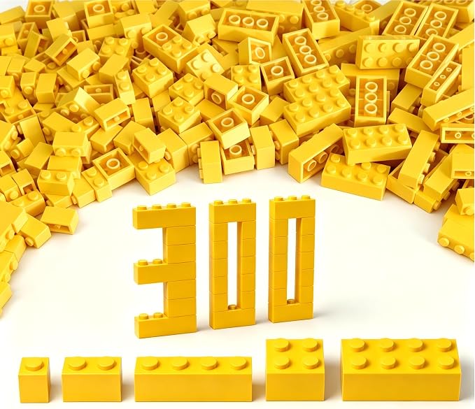 300Pcs Building Brick Bulk, Yellow Bulk Bricks with 5 Sizes, Compatible with Lego and Parts and Pieces, Creative Building Block Toys for Boys Girls Ages 6 7 8 9 10 Years Old
