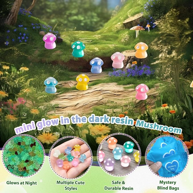 50PCS Glow in The Dark Mushroom Mini Figures Mystery Blind Bag, Luminous Resin Mini Mushroom Figurines Bulk, Cute Tiny Glow Toys, Fairy Garden Accessories, DIY Crafts, Party Favor Surprise Collectible