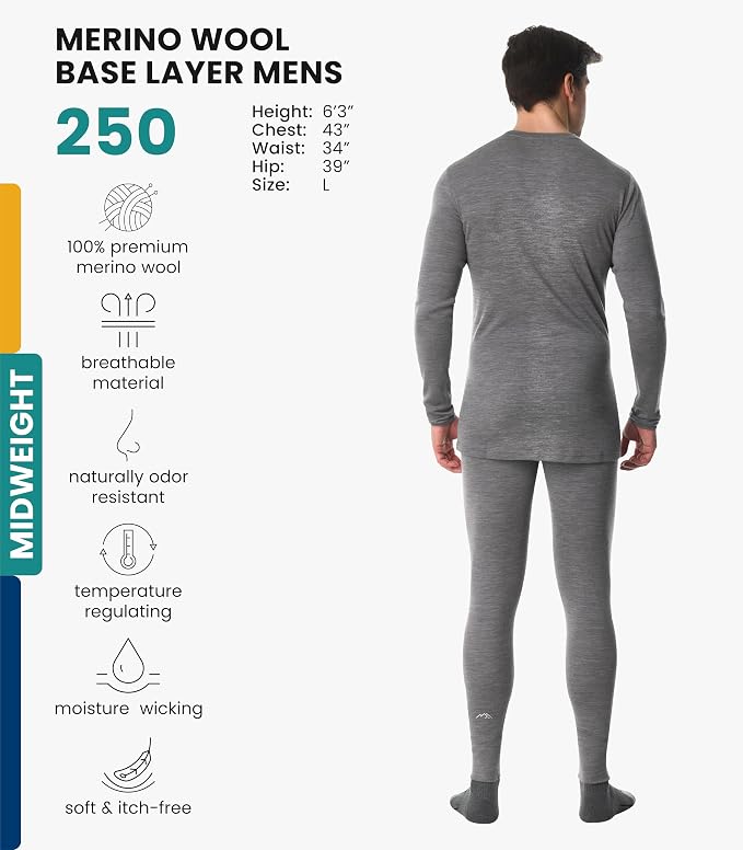 Merino.tech Merino Wool Base Layer Mens Set - Heavyweight, Midweight, Lite Merino Wool Thermal Underwear For Men Top, Bottom