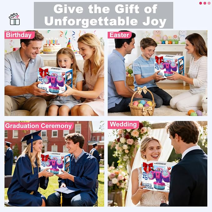 Rechargeable Bubble Machine with RGB Lights: 30,000 Bubbles/Min Storm, Auto 360° Rotation, Battery% Display - Remote Control Bubble Maker for Romantic Wedding, Kids Party & Outdoor Events