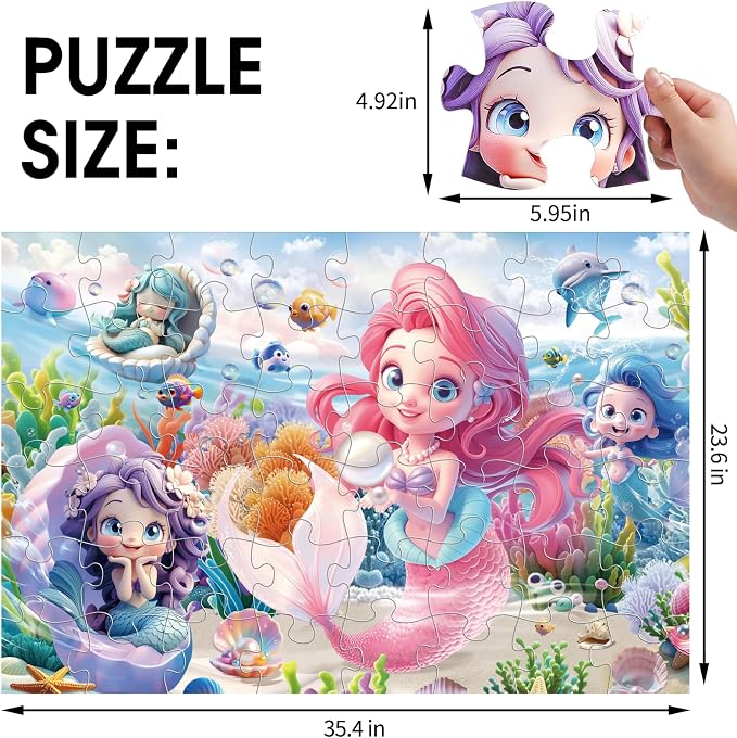 IFLOVE Mermaid Floor Puzzle for Kids — 48 Piece Jumbo Underwater Mermaid Jigsaw Puzzle, Ocean Fantasy Puzzle with Sea Creatures, Educational Toy Birthday for Girls Boys Ages 3-8