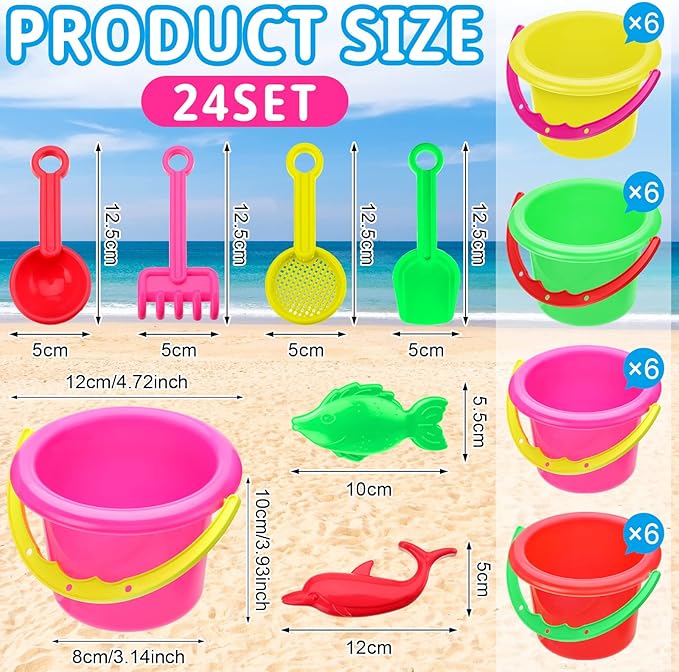 Jexine 96pcs Colorful Beach Party Favors for Kid 24 Set 3.94" Sand Buckets and Shovels for Bucket Party Favor Sand Box Play Set and Mini Beach Pail Includes Shovel, Rake, Scoop Summer Outdoor Toys