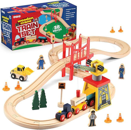 Play22 Wooden Train Set Toddler Toys - 38 Pieces Wood Train Track Set for Toddlers 3-4 Years with Crane, Bridge & Accessories