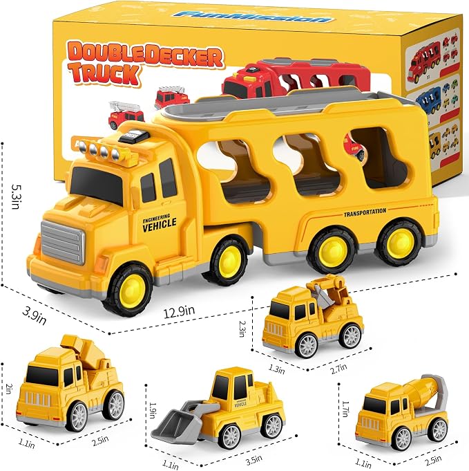 FunMission Toddlers Construction Toys for Kids 3-9 Year Old，5 in 1 Friction Power Vehicle Car for 3 4 5 6 7 Years Old Boys Girls，Carrier Truck Transport Toys for Christmas and Birthday Gifts