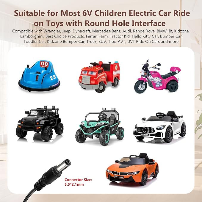 6V Battery Charger for Kids Ride On Cars Bumper Cars - Universal 6V Charger for Cocomelon, Lamborghini, Unicorn, Flybar, Monster Jam, Fire Truck Ride On Toys 6V Power Supply for Kid Trax
