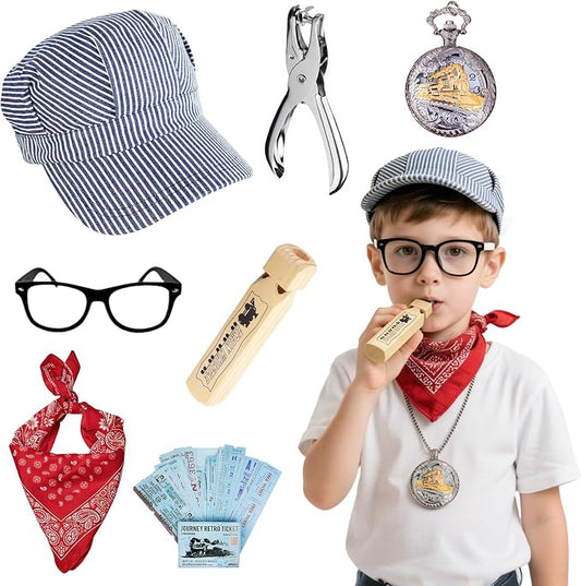 Kids Train Conductor Costume Set 7 Pcs - Halloween Engineer Dress Up with Wooden Train Whistle, Ticket Punch & Pocket Watch | Complete Role Play Accessories for Boys Girls Ages 3-12