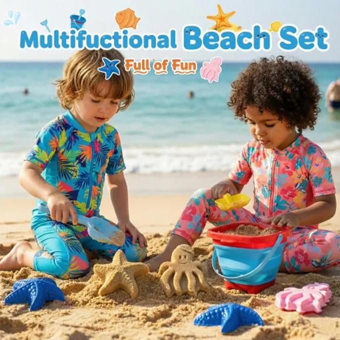 Beach Sand Toys Set for Toddlers, Portable Travel Beach Toys with Collapsible Bucket, Shovel, Rake, 3 Molds & Mesh Storage Bag for Kids, Summer Gift