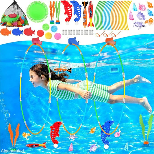 EULRGAUS Pool Toys, 34PCS Swim Thru Rings Pool Games, Diving Toys with Diving Rings, Underwater Treasures, Diving Gems, Water Toys with Splash Balls, Water Frisbee, Swim Toys for Kids, Boys and Girls