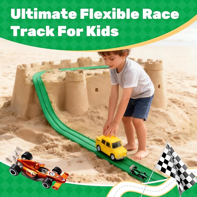 MINDNOOK 16 Ft Flexible Race Car Track Set for Kids, Portable Roll-Up Racetrack with 4 Cars & Suction Cups, Compatible with 1:64 Diecast Toy Cars, Gift for Boys & Girls Ages 4-12