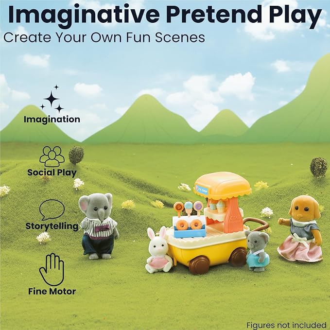 Family Ice Cream Cart Toy — Dessert Pushcart Set with Popsicles, Cones & Donuts, Street Vendor Stall for Dollhouse Pretend Play, Gift for Kids Ages 3+
