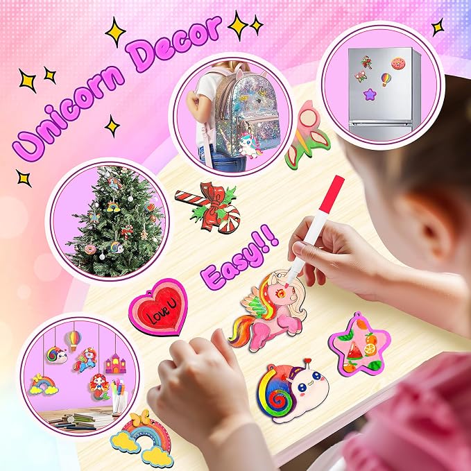 12 DIY Unicorn Wooden Magnets - Arts Crafts Painting Kits For Kids, Creative Art Supplies Paint Gift For Birthday Party Favors Family Easter Crafts Decorations Unicorn Toys For Girls Boys Ages 4-12
