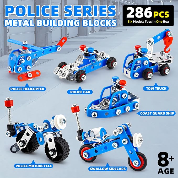 Stem Building Toys for Boys Age 8-12,Police Toys 6 Mini Metal Model Set for Kids,Erector Set for Boys Age 8-12,Assembly Science Kit Educational Gifts For Kids 8 9 10 11 12-16 Years Old（279 Pieces）