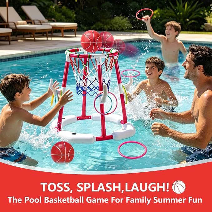 Pool Basketball Hoop with 4 Balls & 12 Rings, 2-in-1 Floating Pool Toys for Kids Adults, Water Game for Indoor Outdoor Swimming Backyard Party, Portable Summer Gifts for Boys Girls Ages 8-12, Red