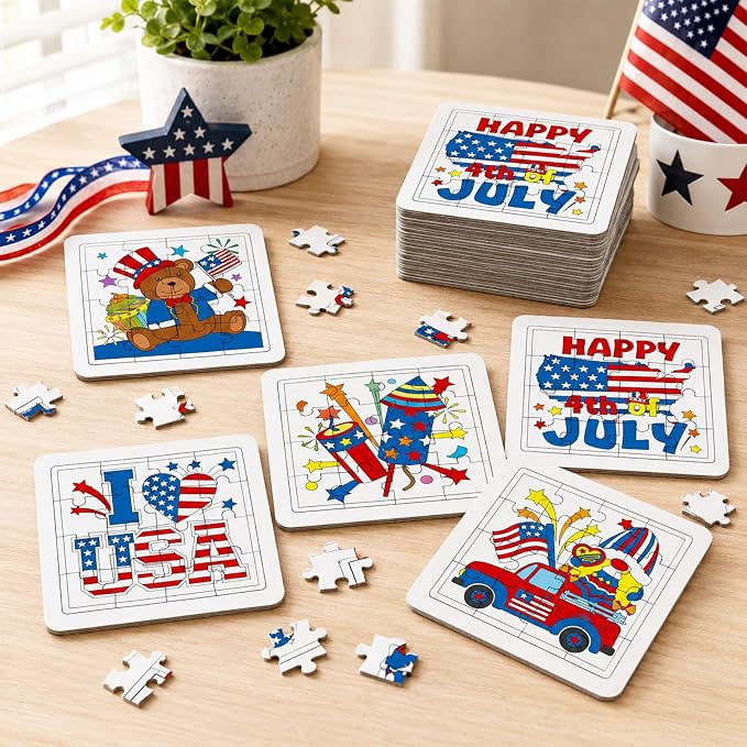 Cinrobiye 24 Pcs 4th of July Color & Assemble Craft Kit, Patriotic DIY Art Cards Set, Make Display Independence Day Craft Projects with Finished Wall Decorations for Classroom, Party and Summer Events