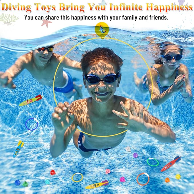 Cludoo 23PCS Pool Toys Games for Kids, No Assembly Stability Swim Thru Rings, Pool Diving Toys for 3,4,5,6,7,8,9,10,11,12 Kids Swim Rings for Kid Teens Adults Include Torpedos Diving Gems