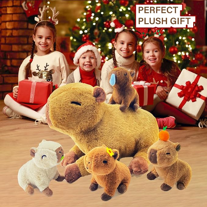 Capybara Plush，Cute Capybara Mommy Stuffed Animal with 4 Baby Capybara Plushies in Tummy，Kawaii Capybara Plush Toy Gift for Kids Girls Boys