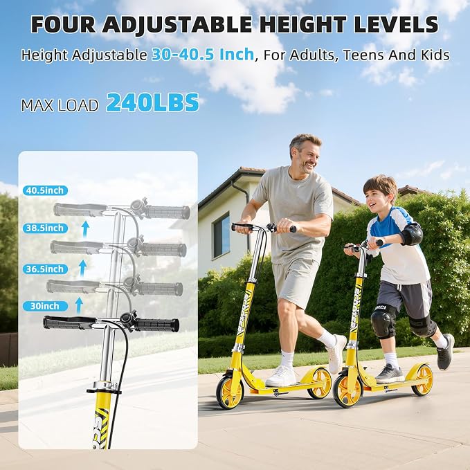 Scooters for Kids 8-12, Teens & Adults - Lightweight, Foldable, 8-Inch Big Wheels, Hand Brake & Bell, 4 Adjustable Height Levels, 240 lbs Max Load, Perfect for School, Campus and Park Rides