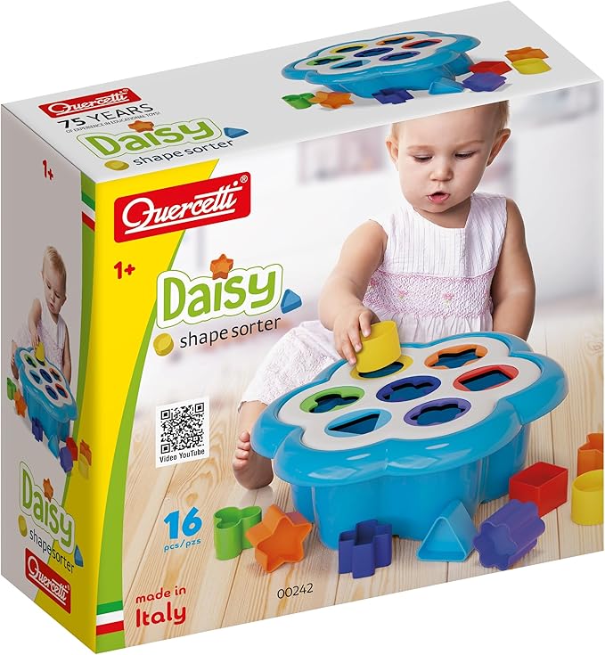 Quercetti Daisy Shape Sorter - Classic 16 Piece Shape and Color Sorting Toy (Made in Italy)