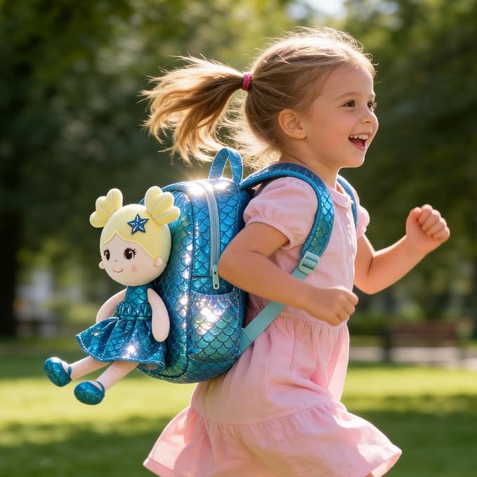 Lazada Toddler Backpack - Baby Girl Gifts Plush Doll Dress Backpack - Fashion Girls Tina Fish Scale Series - Blue 11Inches