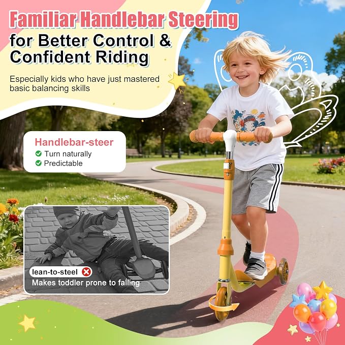 Kick Scooter for Kids Ages 3-7, Three Wheel Toddler Scooter with Handlebar Steering(No Lean),Height Adjustable, Light Up Rear Wheels, Indoor Outdoor Toy for Girls Boys, Holiday Birthday Gift