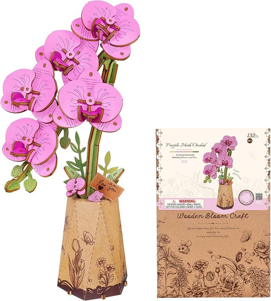 ROBOTIME 3D Puzzle Purple Moth Orchid TW091, DIY Wooden Flower Craft, Artificial Flowers Model Kit to Assemble for Adults, Home Decoration and Valentine's Day Toy Gift Set