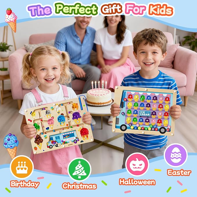 2 in 1 Magnetic Maze Board for Kids Montessori Toys Double-Sided Counting Magnetic Alphabet Letters ABC Magnets Puzzles 3-5 Age Boys and Girls Birthday Gifts