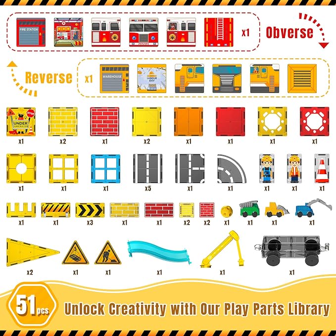 SKTMYY Magnetic Tiles Construction Toys with Road & Crane & Marble Run, Double-Sided Fire Station & Building Magnet Tiles for Kids Ages 4-8, STEM Magnetic Blocks Gifts for 3 4 5 6 7 8 Year Old Boys