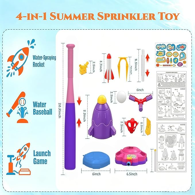 4-in-1 Upgraded Water Sprinkler Toy,Water-Spraying Rocket,Water Baseball,360°Rotating Sprinkler,Foot-Pump Rocket Launch,Outdoor/Yard/Garden/Lawn/Pool Summer Water Game for Kids Age3 4 5 6 7 8Boy Girls