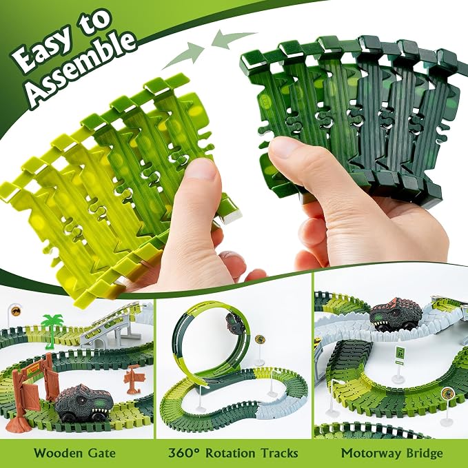 173 PCS Dinosaur Race Tracks for Kids Toys, Glow in The Dark Magic Toy Set with 360° Loop Ramp, 1 Dinosaur Car Track, 2 Realistic Dinosaurs, Flexible DIY Track Set, Gift for Boys Girls Age 3-9