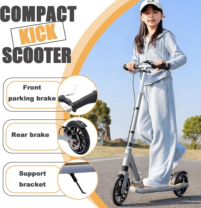 Scooter for Kids 8-12, Teens and Adults, Folding Kick Scooter with Adjustable Height, 8IN Big Wheels Scooters W/Anti-Shock Suspension, Up to 300 Lbs, Bearing ABEC9