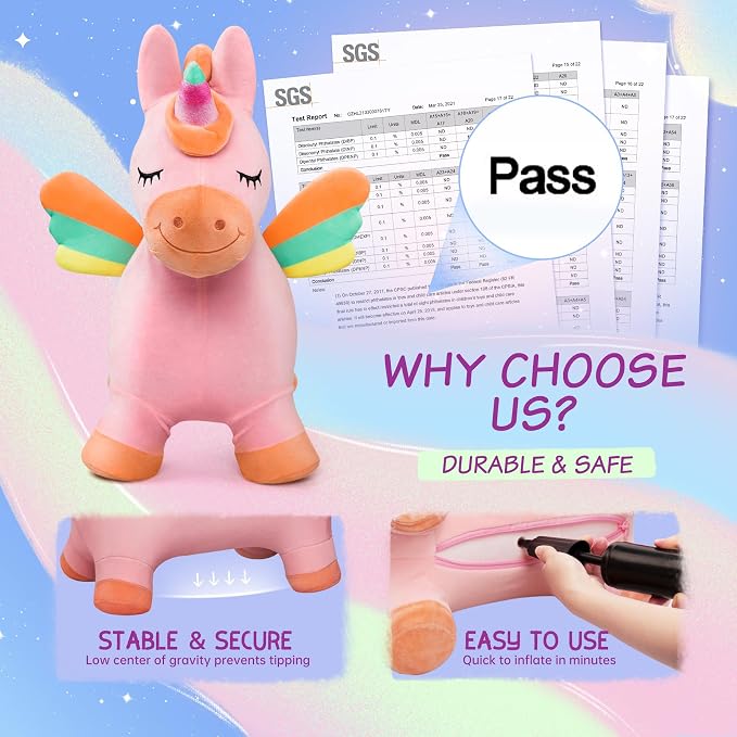 Bouncy Hopper Horse Unicorn Toys, Inflatable Bouncing Animal Hopping Toys, Outdoor Indoor Ride on Bouncer, Boys Girls Birthday Gift for 18 Month 2 3 4 5 6 Year Old Kid- Plush Unicorn Toy