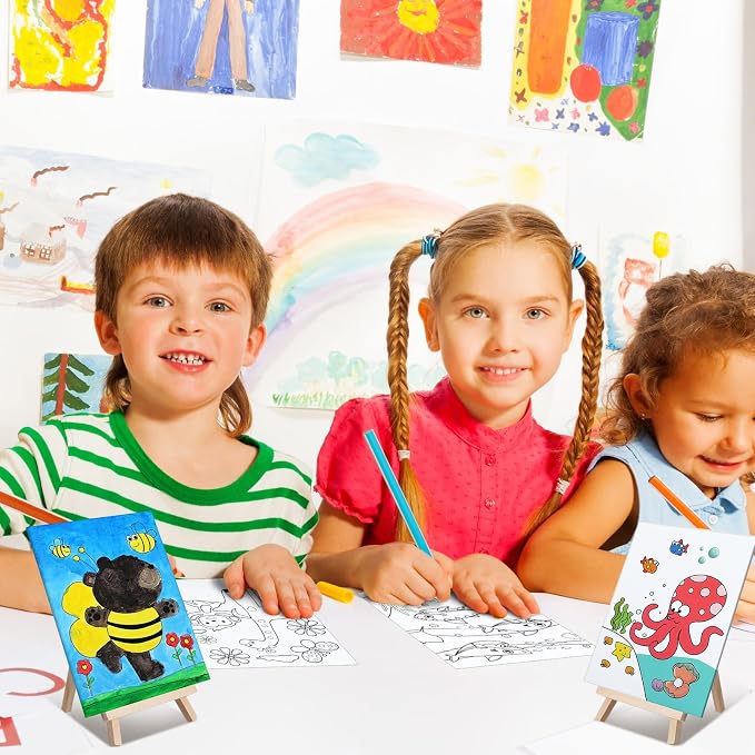 Tenceur 48 Pcs Kids Paint Party Favors Sets with 12 Pcs Animals Oceans Pre Drawn Canvas Panel and Wooden Easel Set Paint Pots and Brushes 12 Mini Apron and Tote Bag for Kids Girls Student Boys