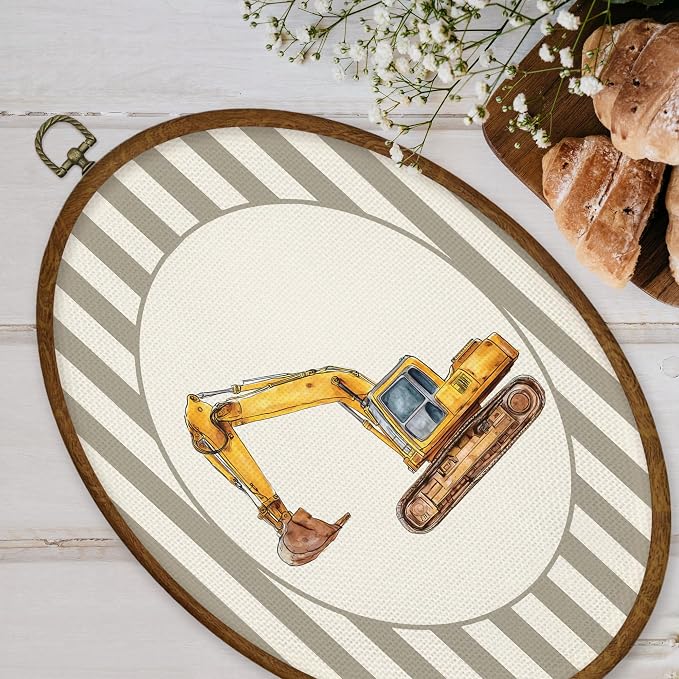 WULQYING Vintage Excavator Boy Nursery Wall Art Decor, Kids Oval Framed Canvas Art Prints, Neutral Striped Excavator Vehicle Wall Hanging Decor for Kids Boy Nursery Room Playroom, 8.5x11.4 Inches