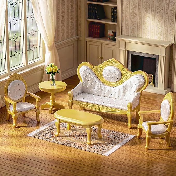 Skylety 7 Pcs Wooden Dollhouse Furniture Set 1: 12 Scale Victorian Dollhouse Bedroom Furniture, Bed Dressing Table Wardrobe Carpet for Adults Toys Miniature Doll House Accessories(Gold,Fashion)