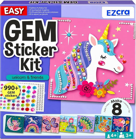 EZCRA Easy Arts and Crafts for Kids - Fun Gem Sticker Kit - 8 Unicorn Princess Themes, 990+ Stickers - Gem Art for Kids - Diamond Art Kits - Gifts for Girls Ages 3-8