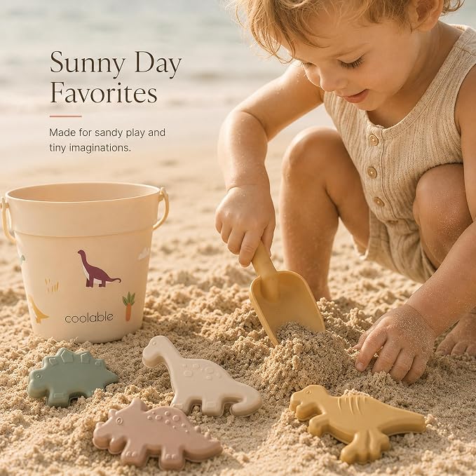 6-Piece Silicone Beach Toys Set for Kids - Foldable Sand Bucket, Shovel, 4 Sand Molds and Mesh Bag - Dinosaur World