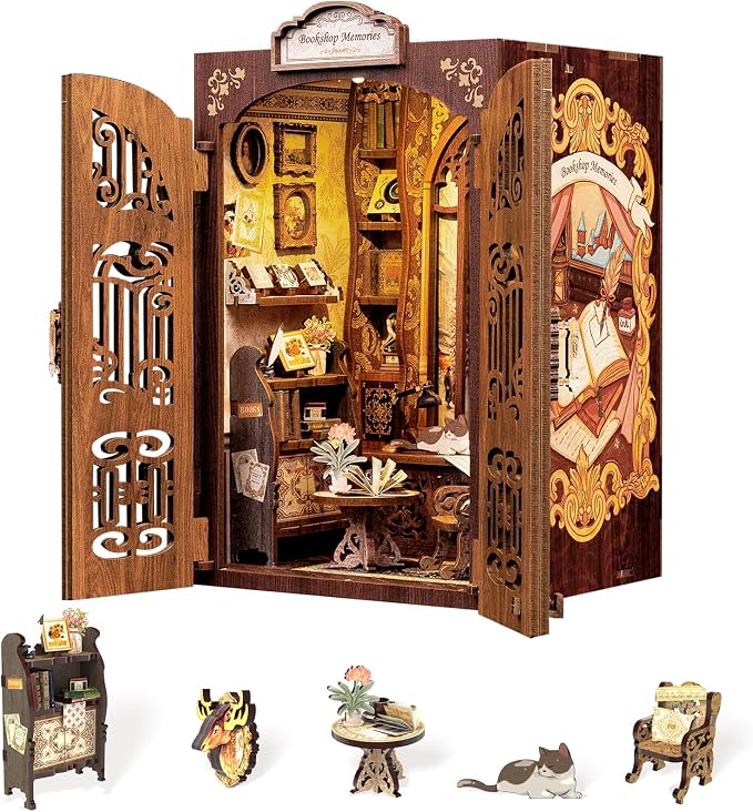 Fsolis Book Nook Kit - Booknook Bookstore (Bookshop Memory) | 3D Wooden Puzzles for Adults and Beginners, DIY Miniature House Kit Bookish Gifts for Women Book Lovers