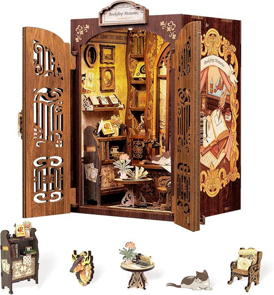 Fsolis Book Nook Kit - Booknook Bookstore (Bookshop Memory) | 3D Wooden Puzzles for Adults and Beginners, DIY Miniature House Kit Bookish Gifts for Women Book Lovers
