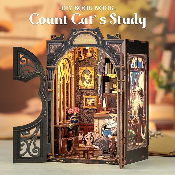 Cutefun Book Nook Kit - DIY Miniature Dollhouse Kit for Adults, Teens and Beginners, Tiny House Bookshelf Decor 3D Wooden Puzzles, Best Birthday and Valentine's Day Gifts (Count Cat's Study)